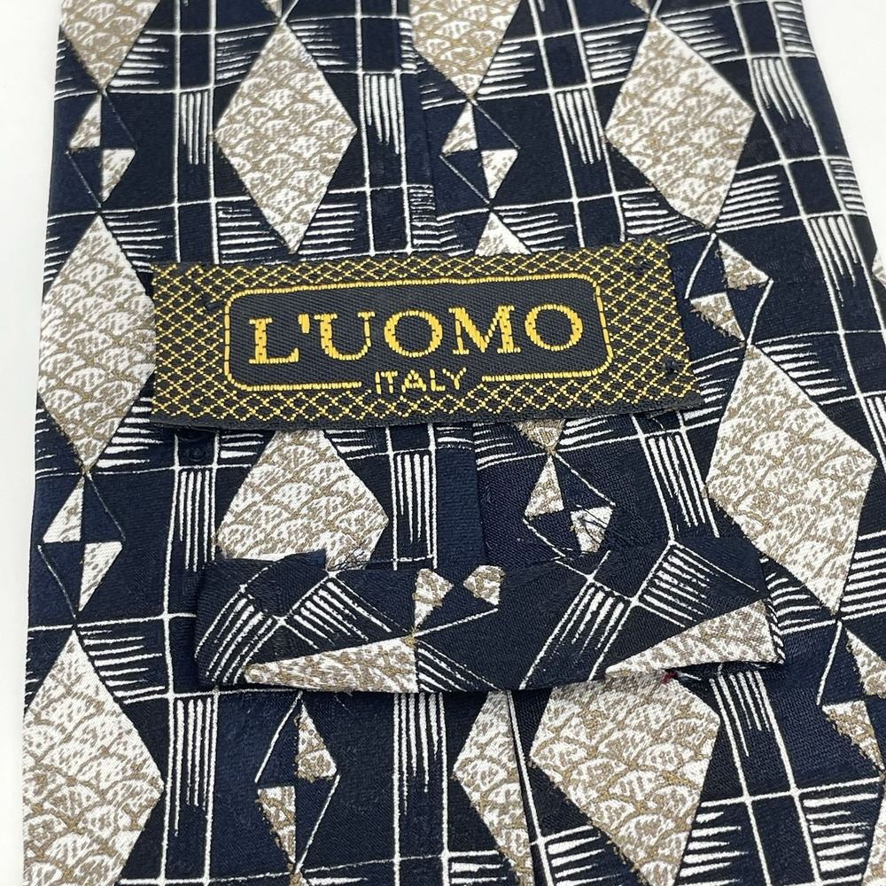 L'Uomo Mens‎ Tie 100% Silk Italy Black Cream 4x60" VTG Geometric Print Classic - Picture 5 of 7